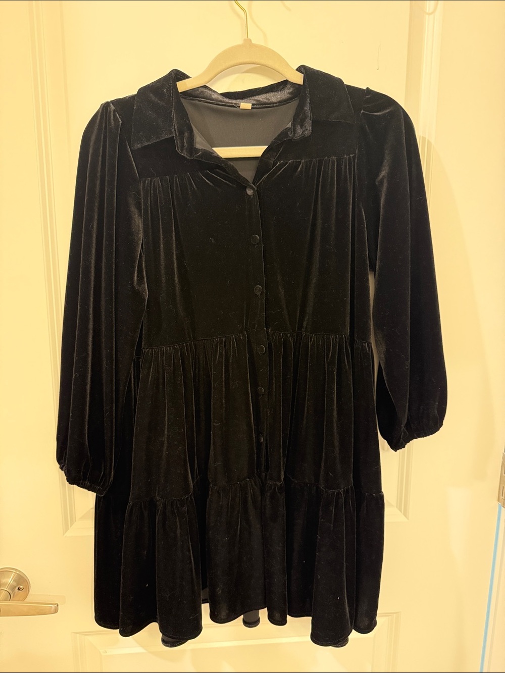 Amazon Black Velvet Button-Front Tiered Long Sleeve Dress